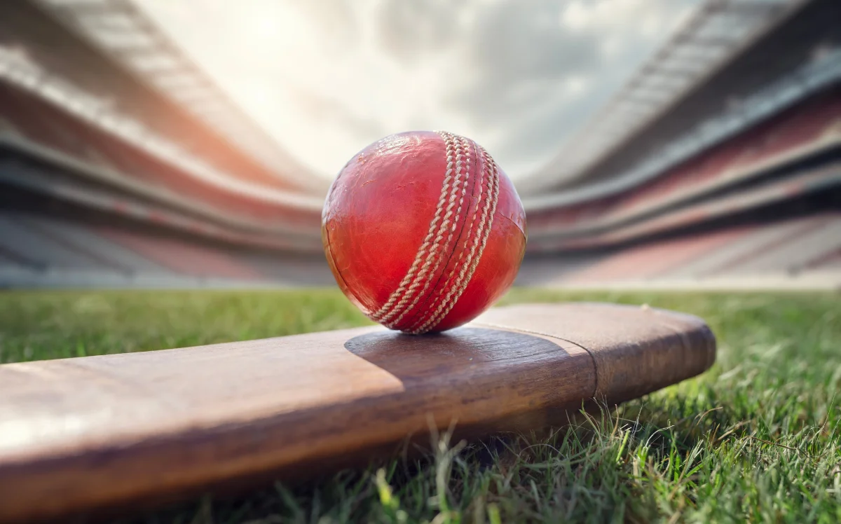 Cricket ball on top of old wooden cricket bat on green grass of cricket stadium ground background