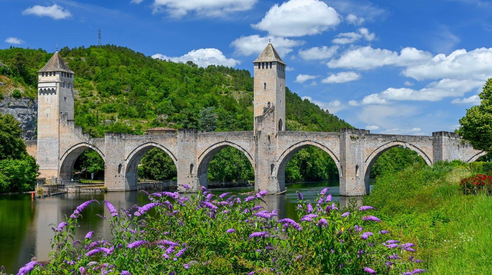 Medieval Pont Valenté bridge crossing the Lot river in Cahors, France