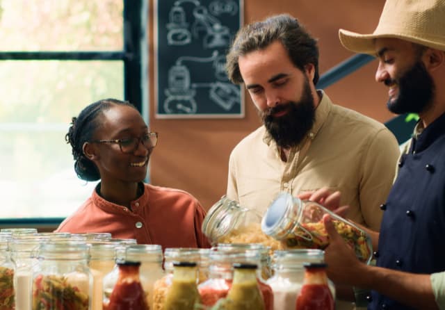 Local vendor explaining eco-friendly bulk products to students at a sustainable zero-waste shop abroad.