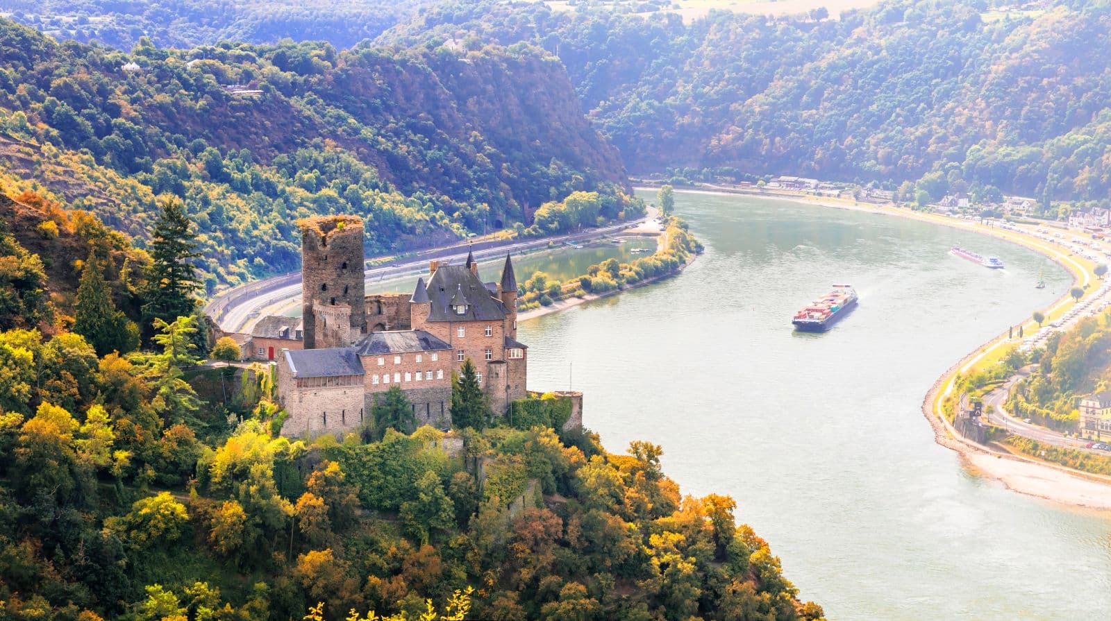 Medieval castles above the vineyards of Germany’s Rhine Valley.