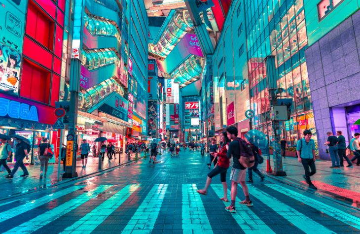 Akihabara, Tokyo, at night with neon lights