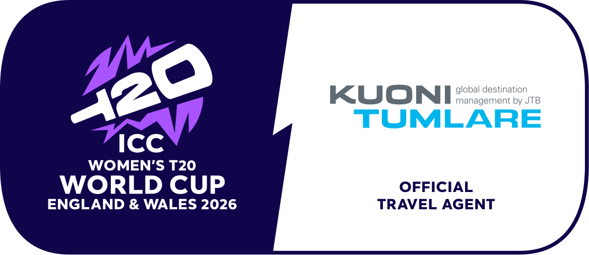 ICC女子T20ワールドカップ イングランド&ウェールズ2026のロゴと、公式トラベルエージェントであるKuoni Tumlareのロゴ。