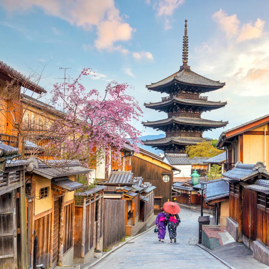 Women in traditional Japanese outfits walking through the streets of Kyoto